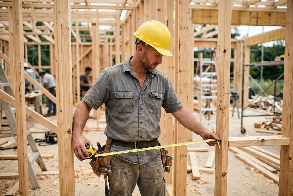 Builder measuring timber framing on a construction site